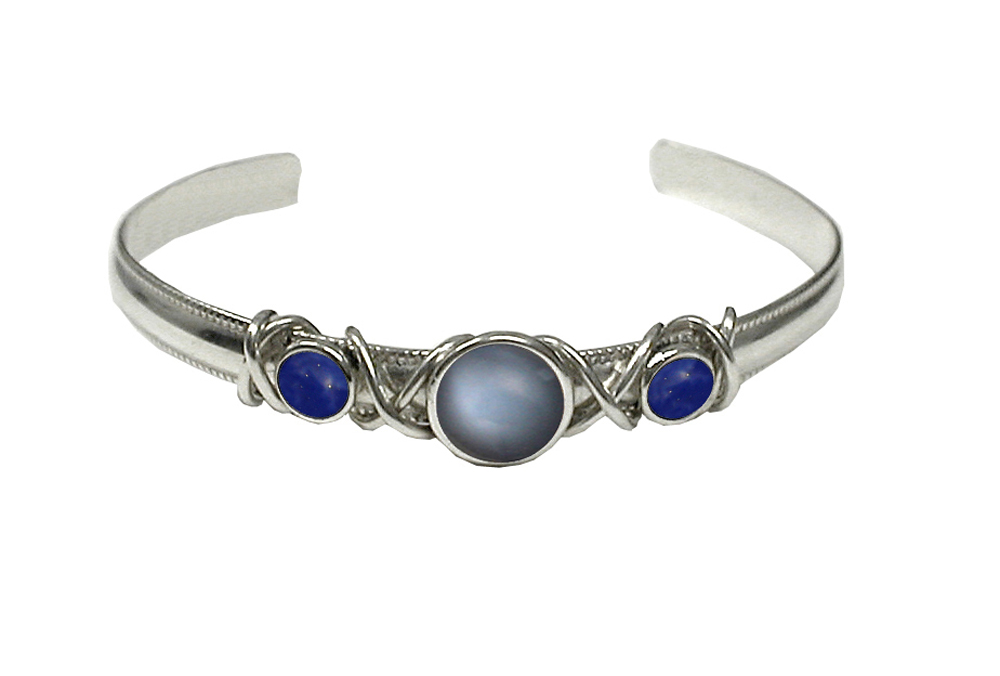 Sterling Silver Hand Made Cuff Bracelet With Grey Moonstone And Lapis Lazuli